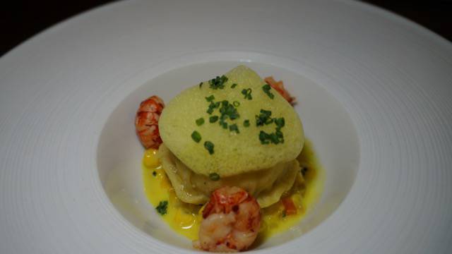 VE Poached chicken egg with corn and crayfish