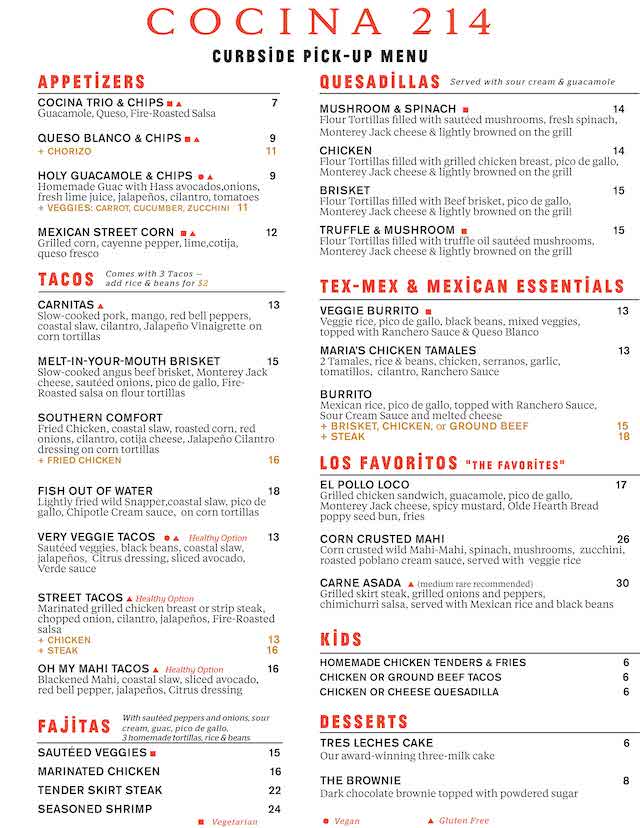 Cocina214 takeout menu